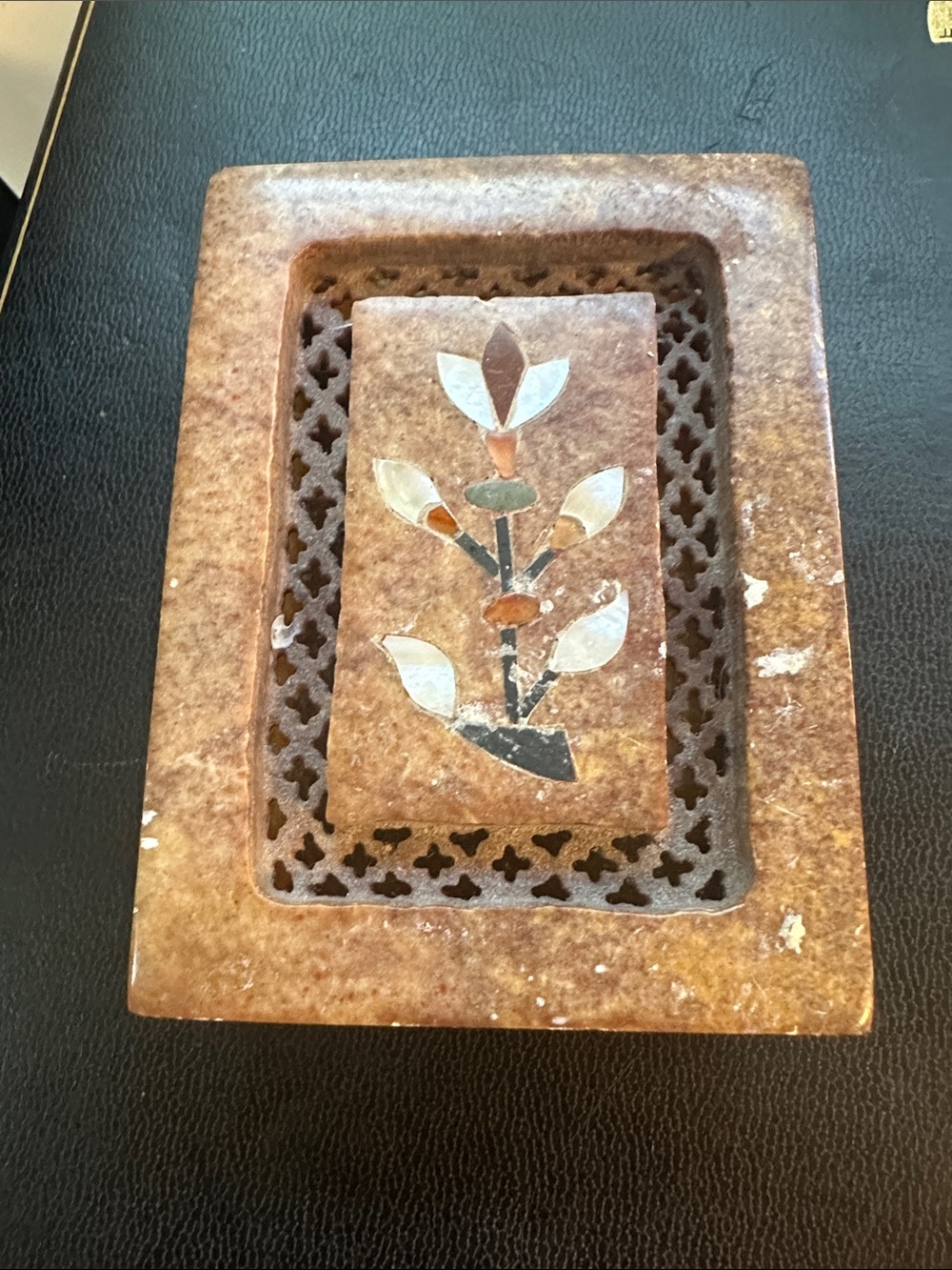 Handcrafted Brown Stone Cricket Box with Floral Inlay